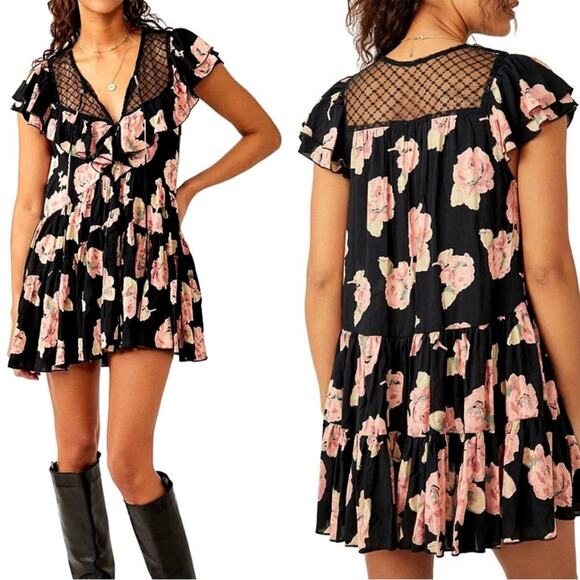 Free People Womens Black Floral Lace Cap Sleeve Tilly Print Tunic Mini Dress S - Picture 1 of 8